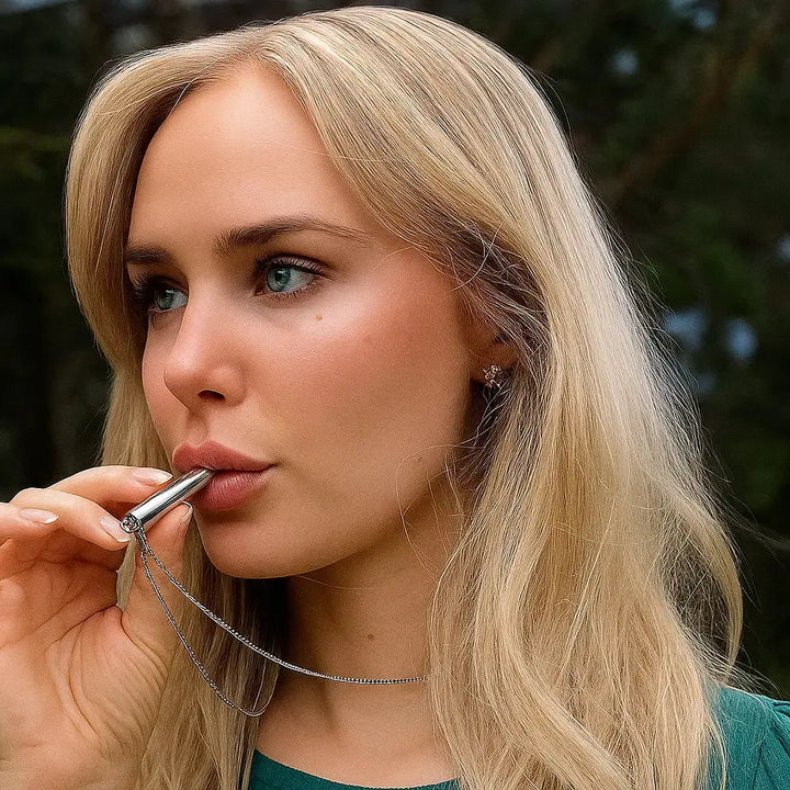 Kvinna som använder en andningskedja i silver för mindfulness