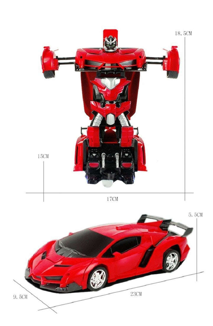 Röd transformerande RC bil med måttangivelser