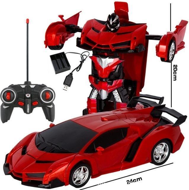 Röd transformer bil och fjärrkontroll med laddningskabel