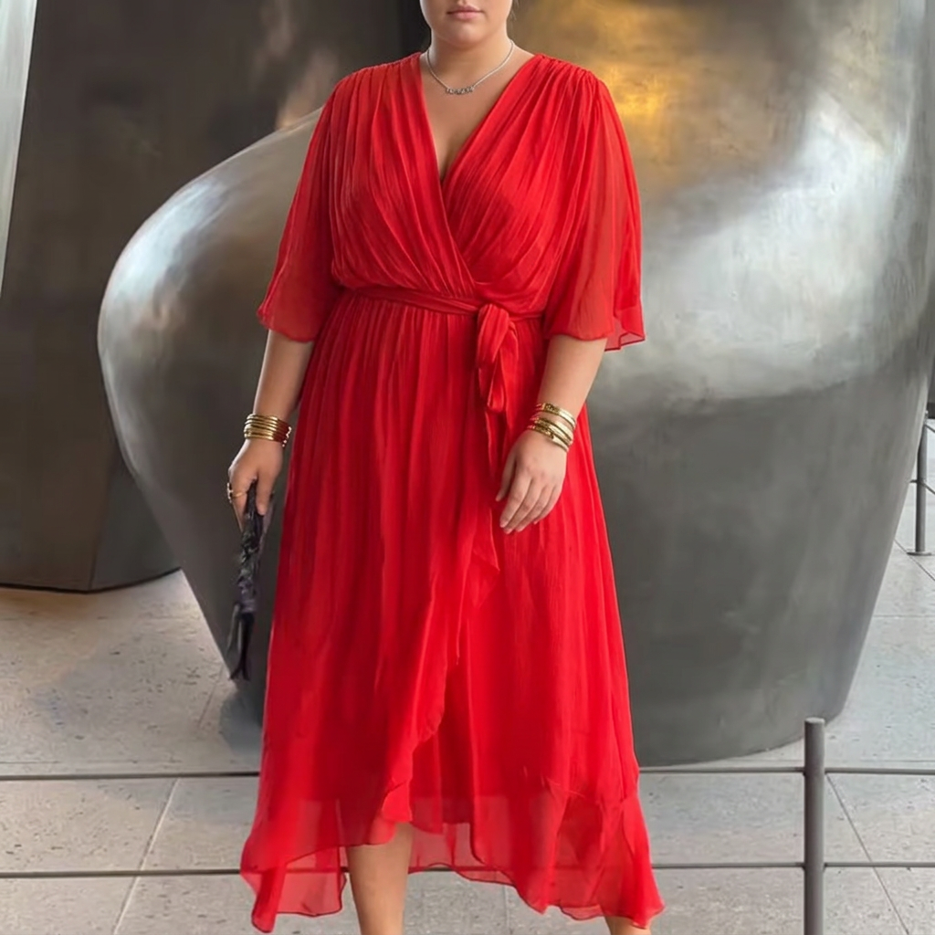 Stilren V-hals klänning som framhäver silhuetten
