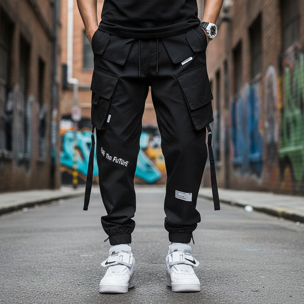 Man i svarta cargobyxor med hiphop-stil och sneakers på gata