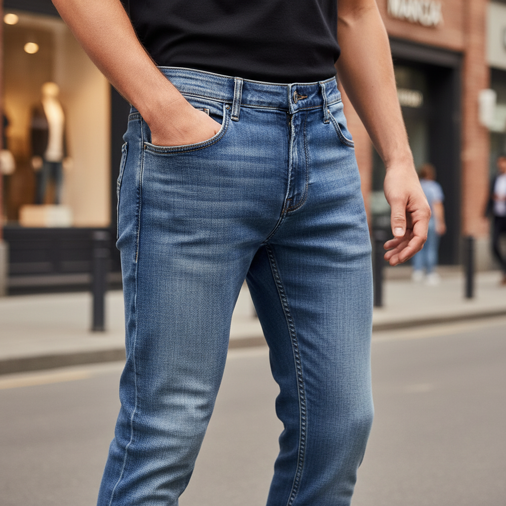 Man iklädd himmelsblå stretchiga denimbyxor utomhus