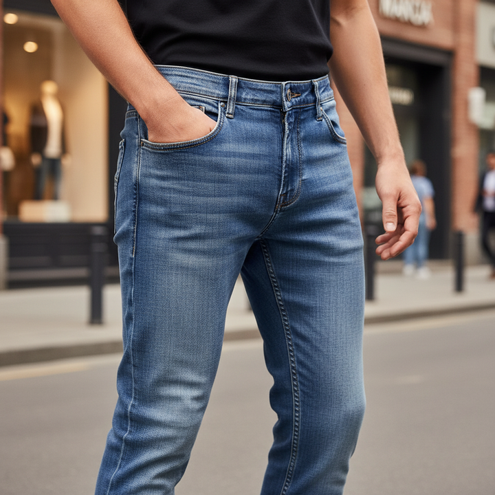 Man iklädd himmelsblå stretchiga denimbyxor utomhus