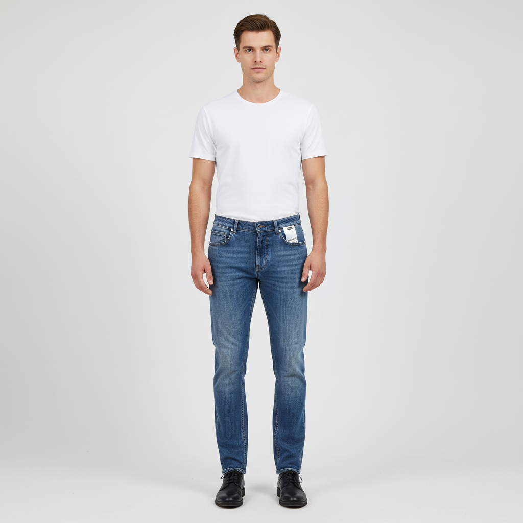 Helkroppsbild av man i klassiska denimbyxor mot ljus bakgrund