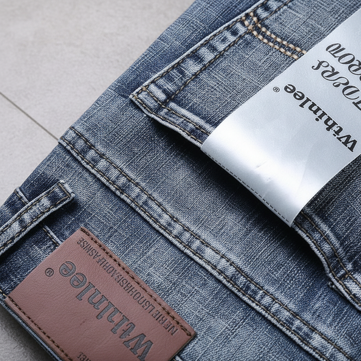 Närbild på texturerat tyg och detaljer på denimbyxor