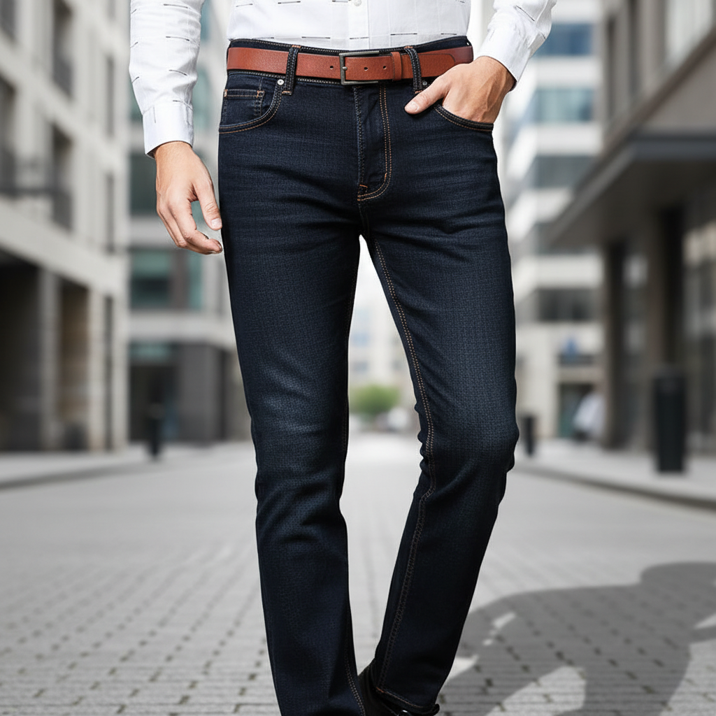 Man iklädd mörka herr jeans framifrån i stadsmiljö