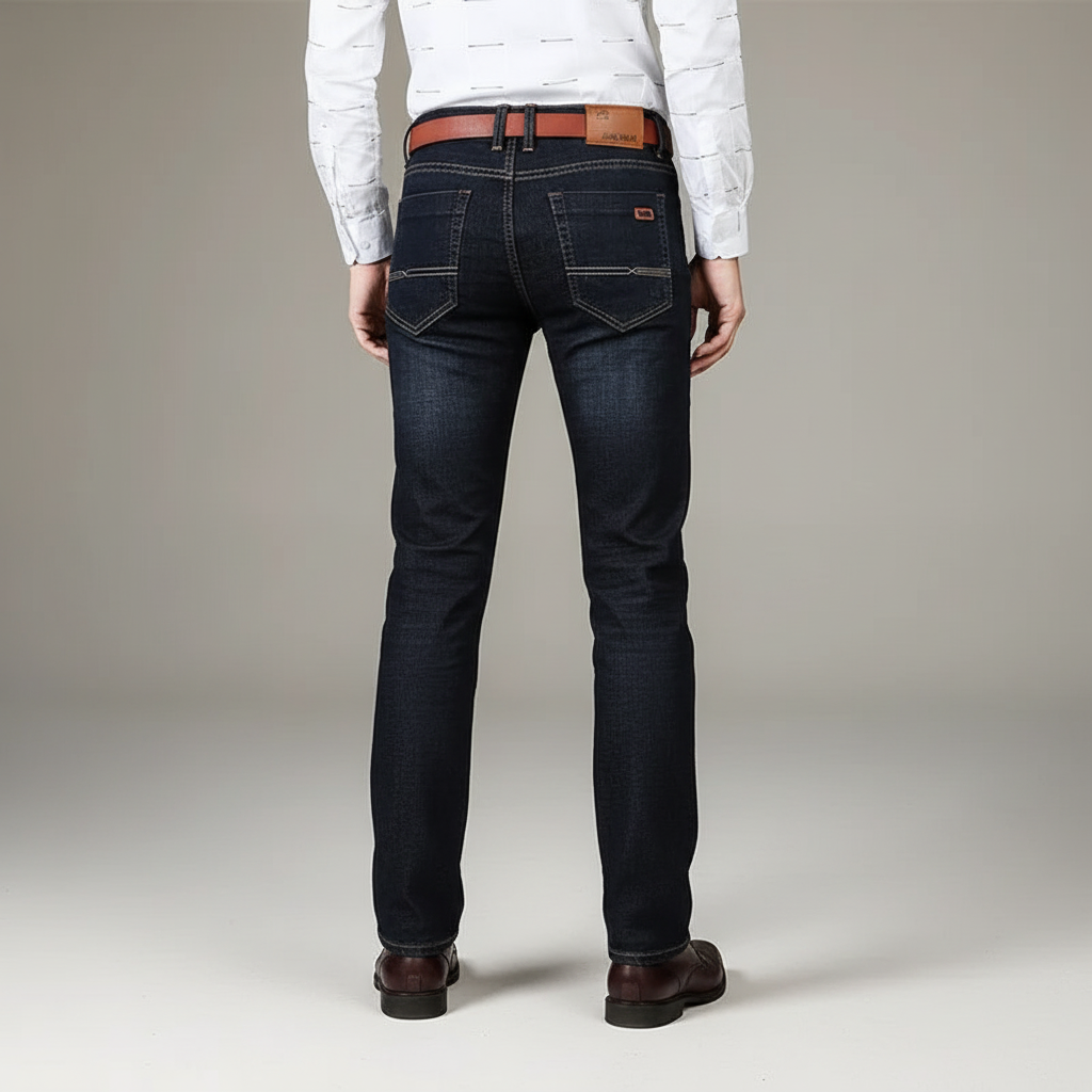 Baksida av mörka herr jeans med bruna detaljer