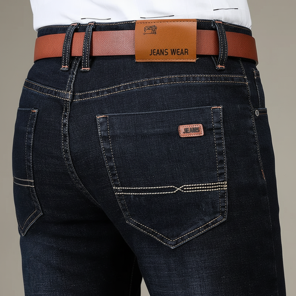 Närbild på bakfickan och skärpet på herr jeans