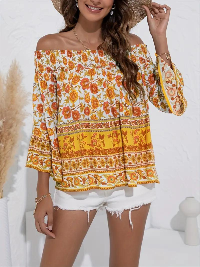 Gul dam blus i boho-stil med lång ärm och blommig off shoulder design