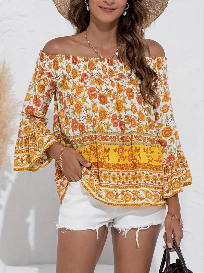 Damkläder blommig off shoulder blus i gul färg med boho-stil
