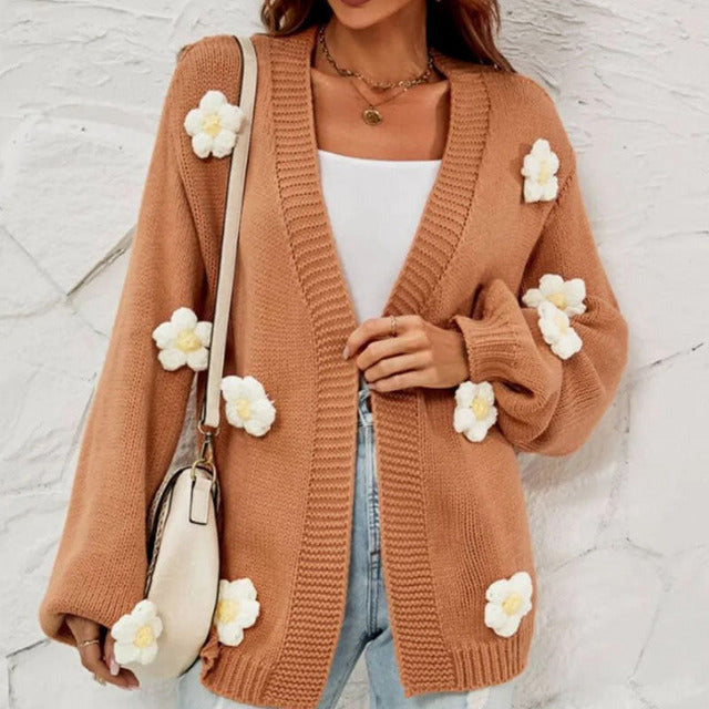 Brun oversized cardigan för dam med 3D-blommor och öppen framsida