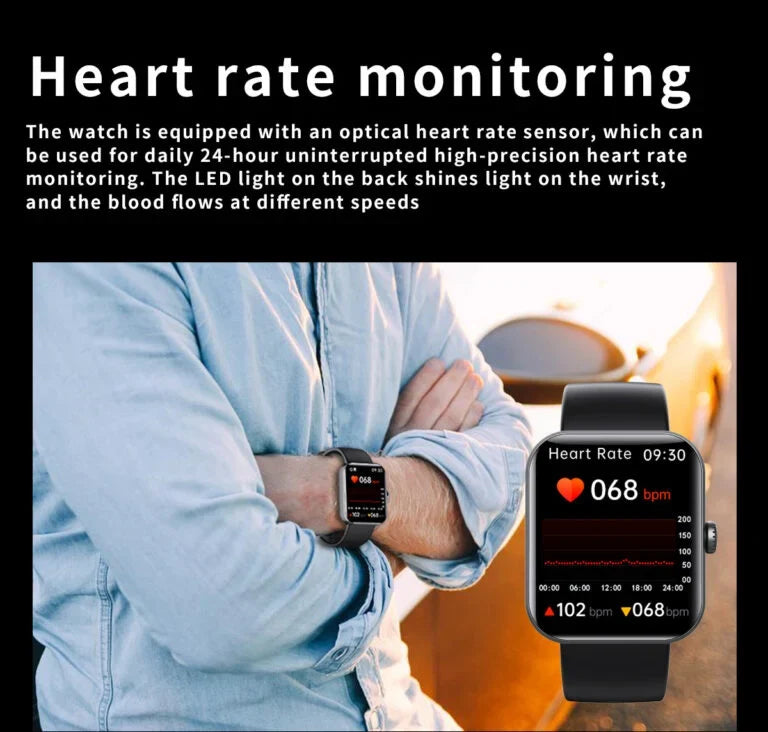 Modell som bär svart smartwatch på handleden