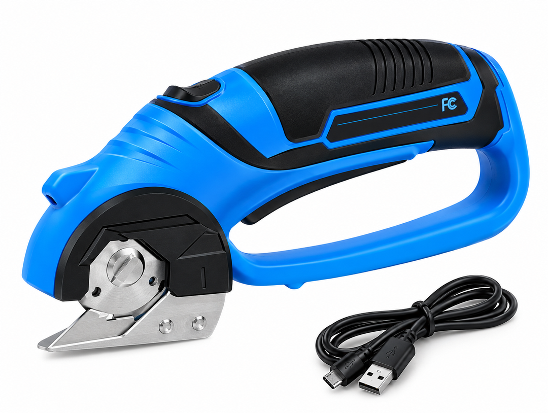 SwiftCut uppladdningsbar elektrisk sax i blått och svart med USB-kabel