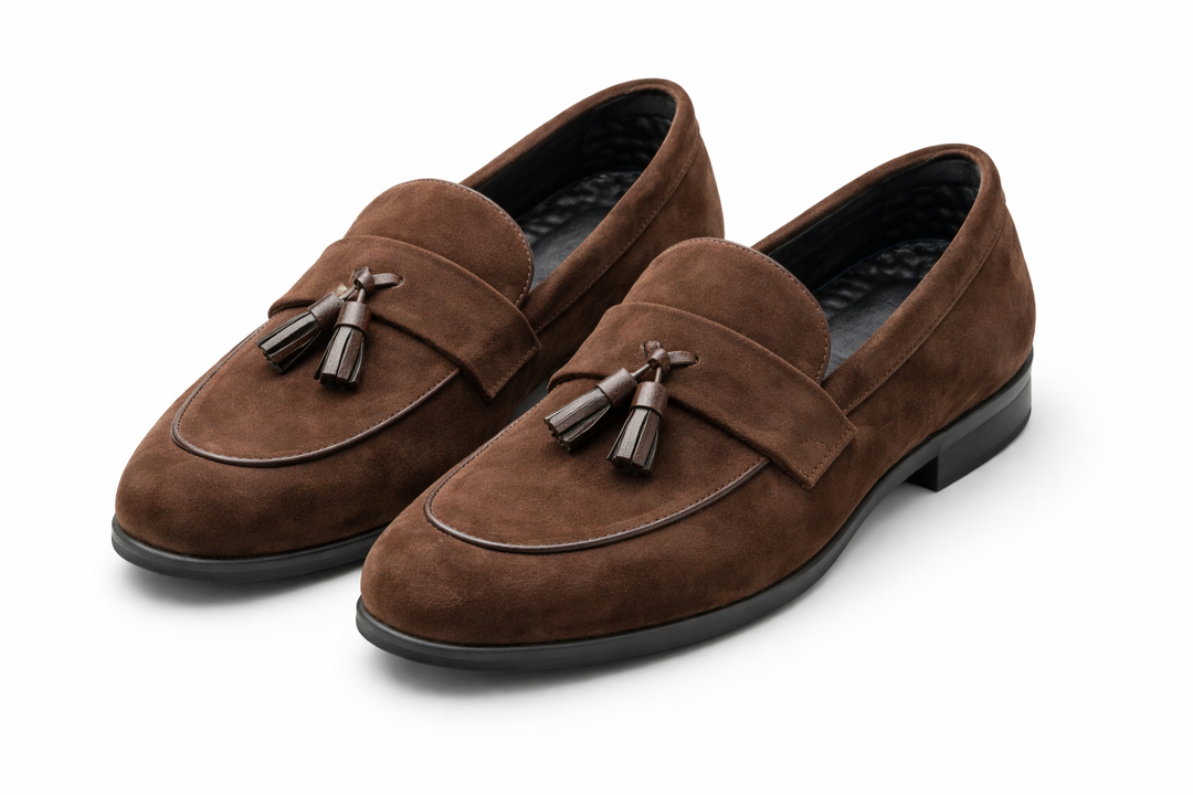 Bruna herrloafers med fransar och slip on-design för en klassisk och avslappnad stil