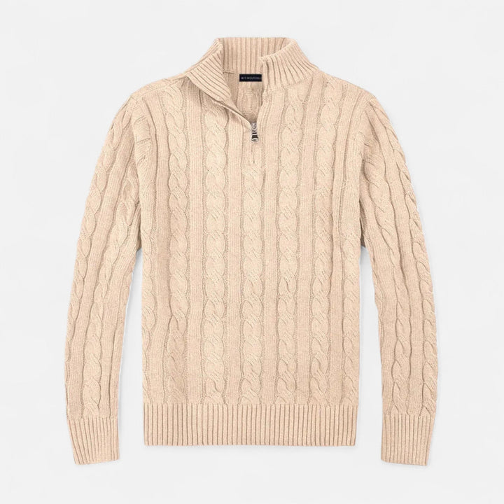 Beige halv-zip tröja för herrar i klassisk stickad design