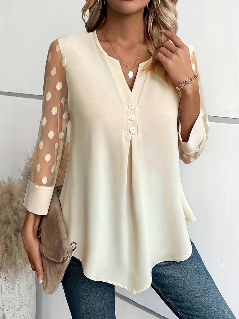 Elegant damtopp i aprikos med transparenta ärmar och v-ringning
