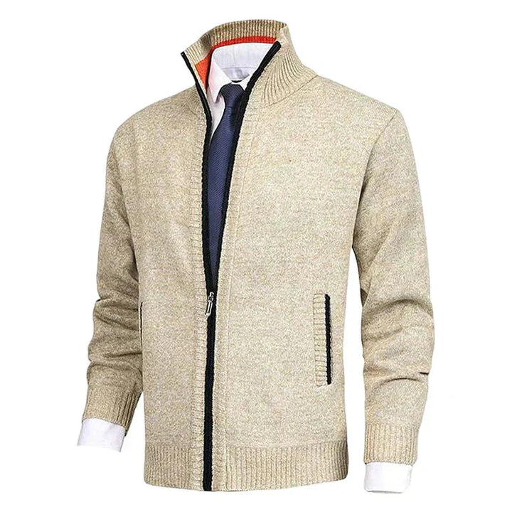 Stilren herrcardigan med hel dragkedja och hög krage i stickat material