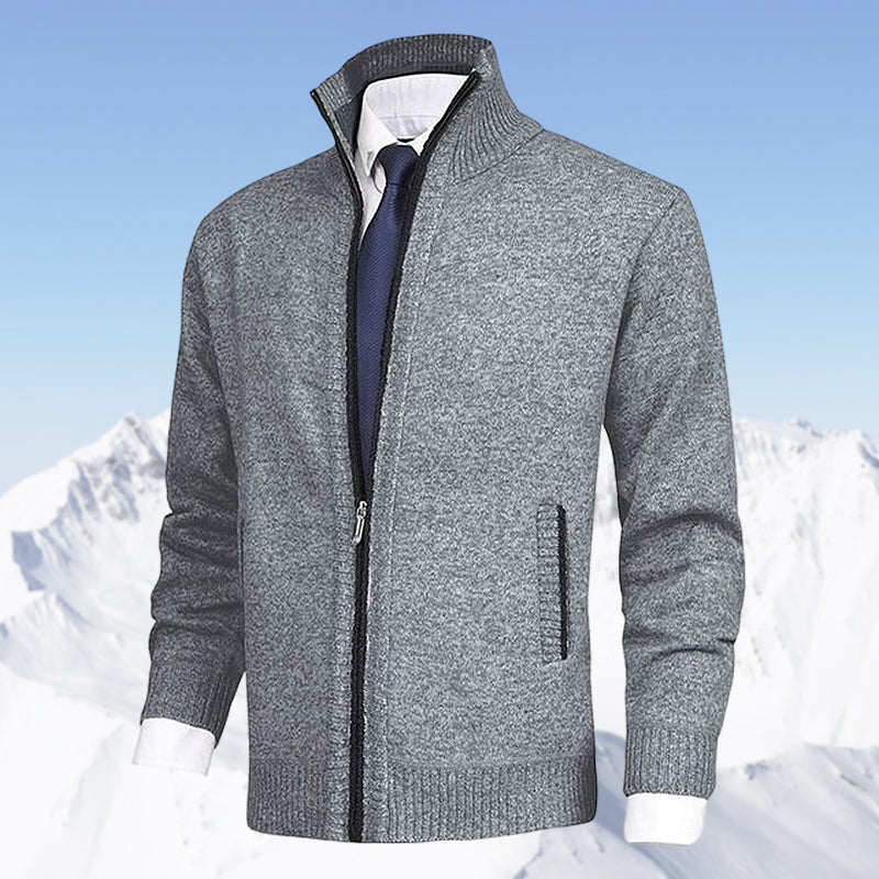 Mörk herrcardigan med dragkedja och ribbade muddar för höstmode