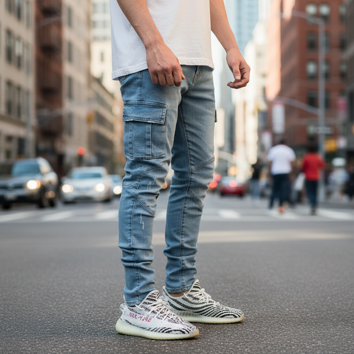 Modell som bär ljusblå cargo-jeans utomhus i stadsmiljö