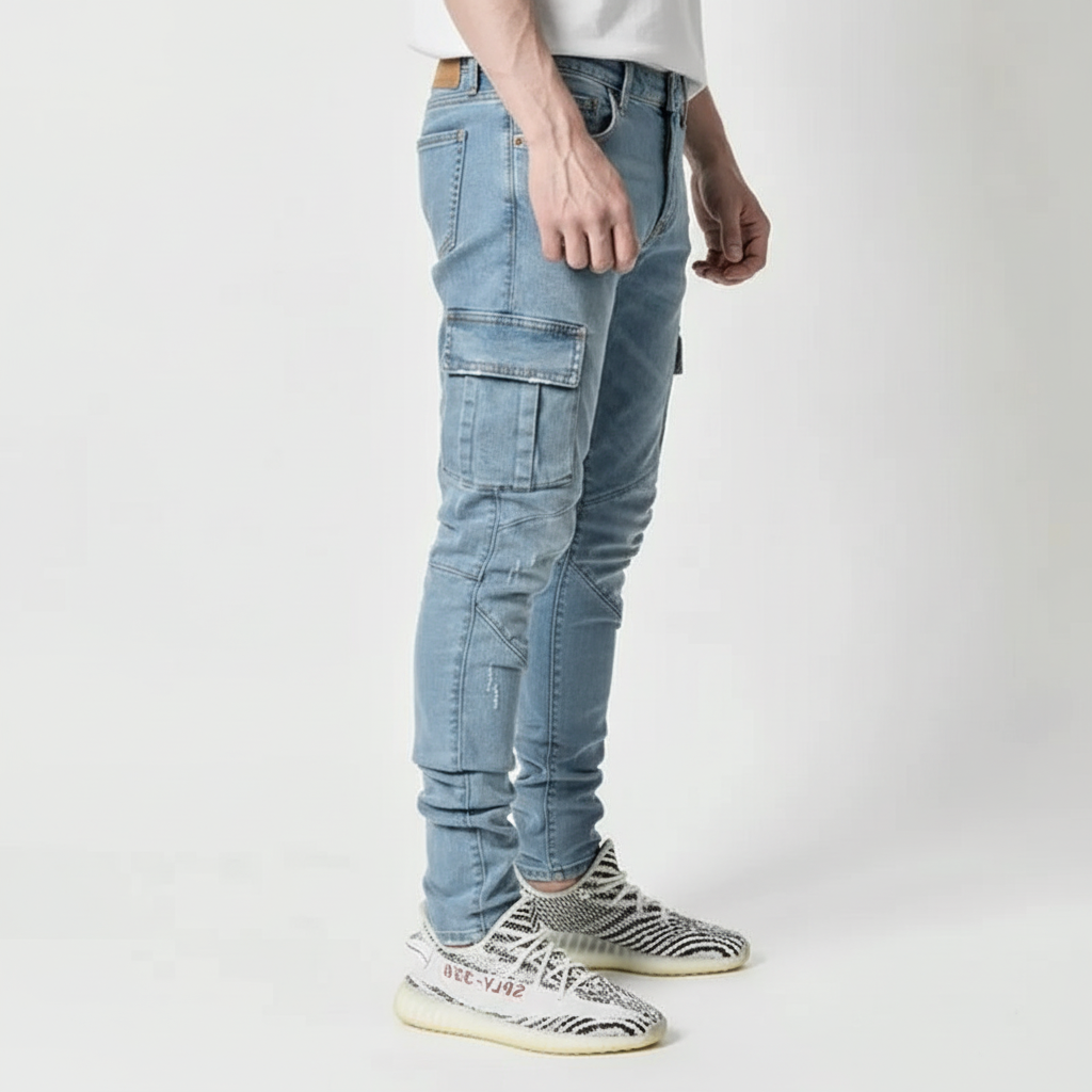 Smidig sidobild av ljusblå cargo-jeans med synliga fickor