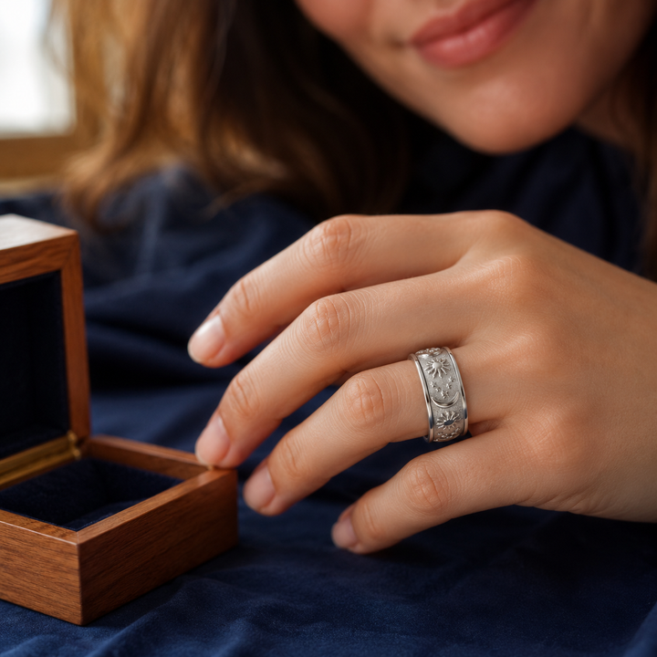 Unisex spinnerring i stål med sol och måne motiv för par