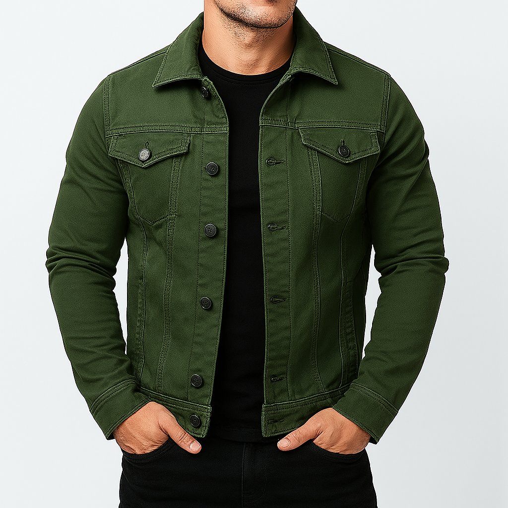 Man iklädd grön casual jeansjacka med enkelknäppning