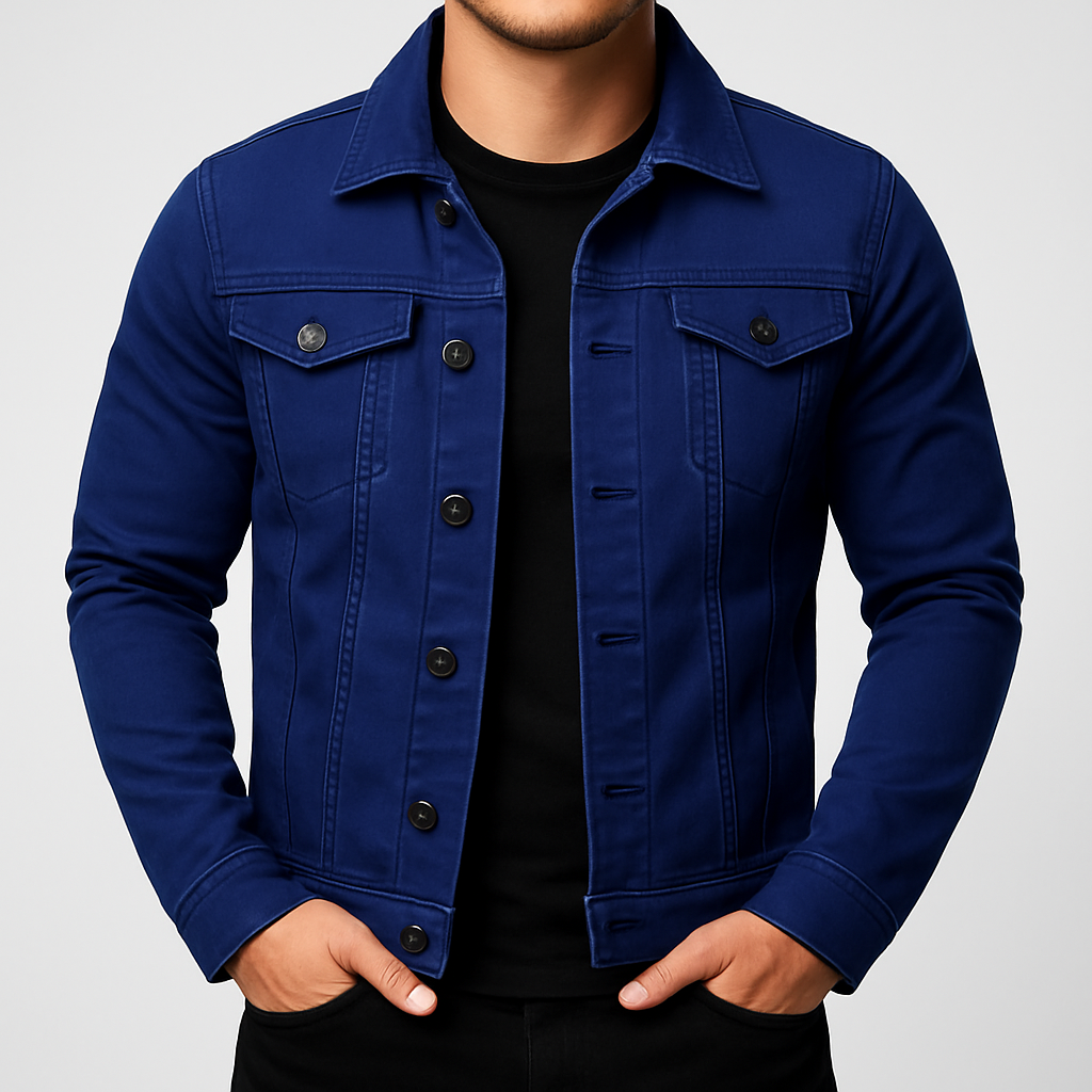 Mörkblå enfärgad jeansjacka för herrar, streetwear vardagsjacka för vår och höst