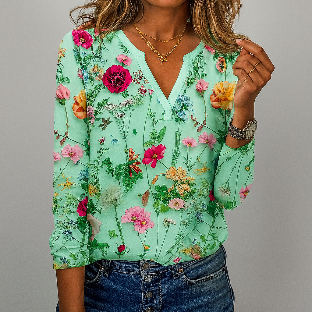 Kvinna i mintgrön blommig blus med detaljrikt mönster