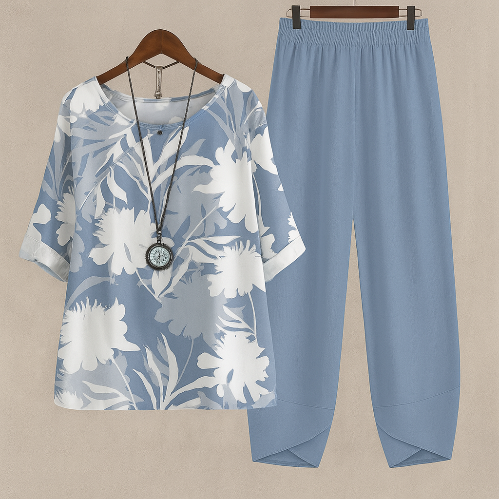 Elegant blommigt tvådelat set med blus och matchande harembyxor för dam.