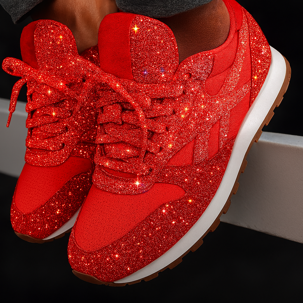 Röda glittriga chunky sneakers med vit sula för damer