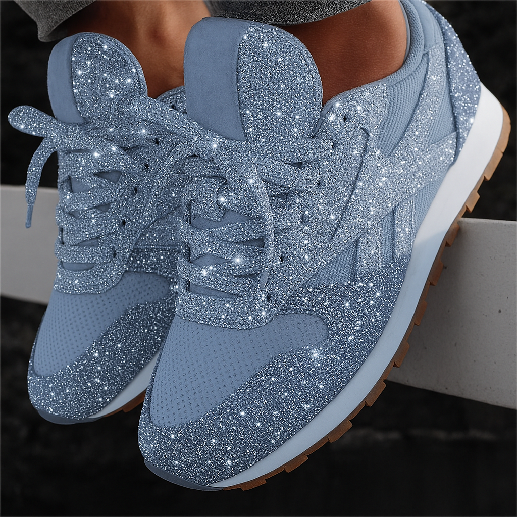 Blå glittriga mode-sneakers med snörning för kvinnor