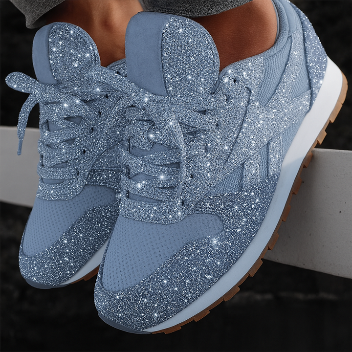 Blå glittriga mode-sneakers med snörning för kvinnor