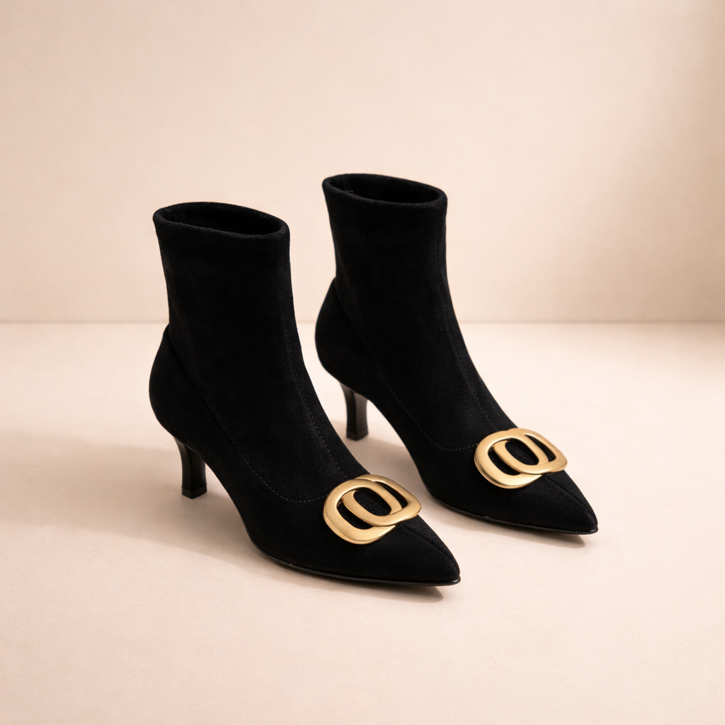 Två svarta eleganta ankelboots med spetsig tå uppställda