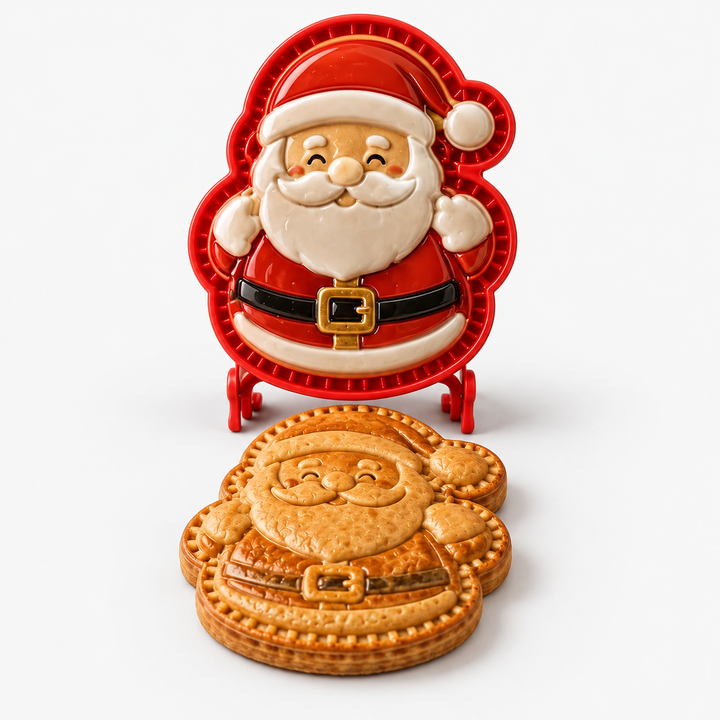 Santa Press placerad på bänkskiva i ett julpyntat kök