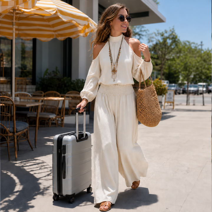 Elegant damset med vida byxor och matchande topp i boho-stil