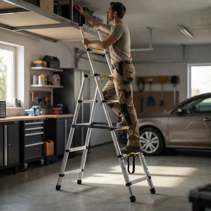 Man som står på en stabil teleskopstege i aluminium och fixar på en hylla i garaget