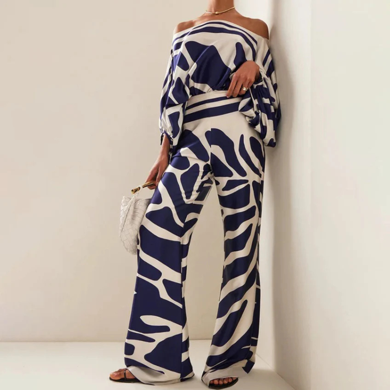 Komplett damkläder sett med off-shoulder topp och eleganta vida byxor