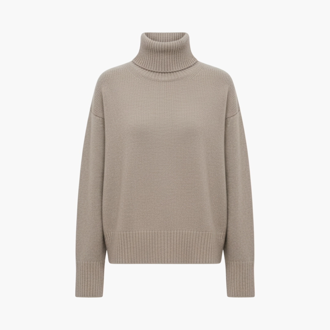 Beige stickad tröja med hög krage framifrån