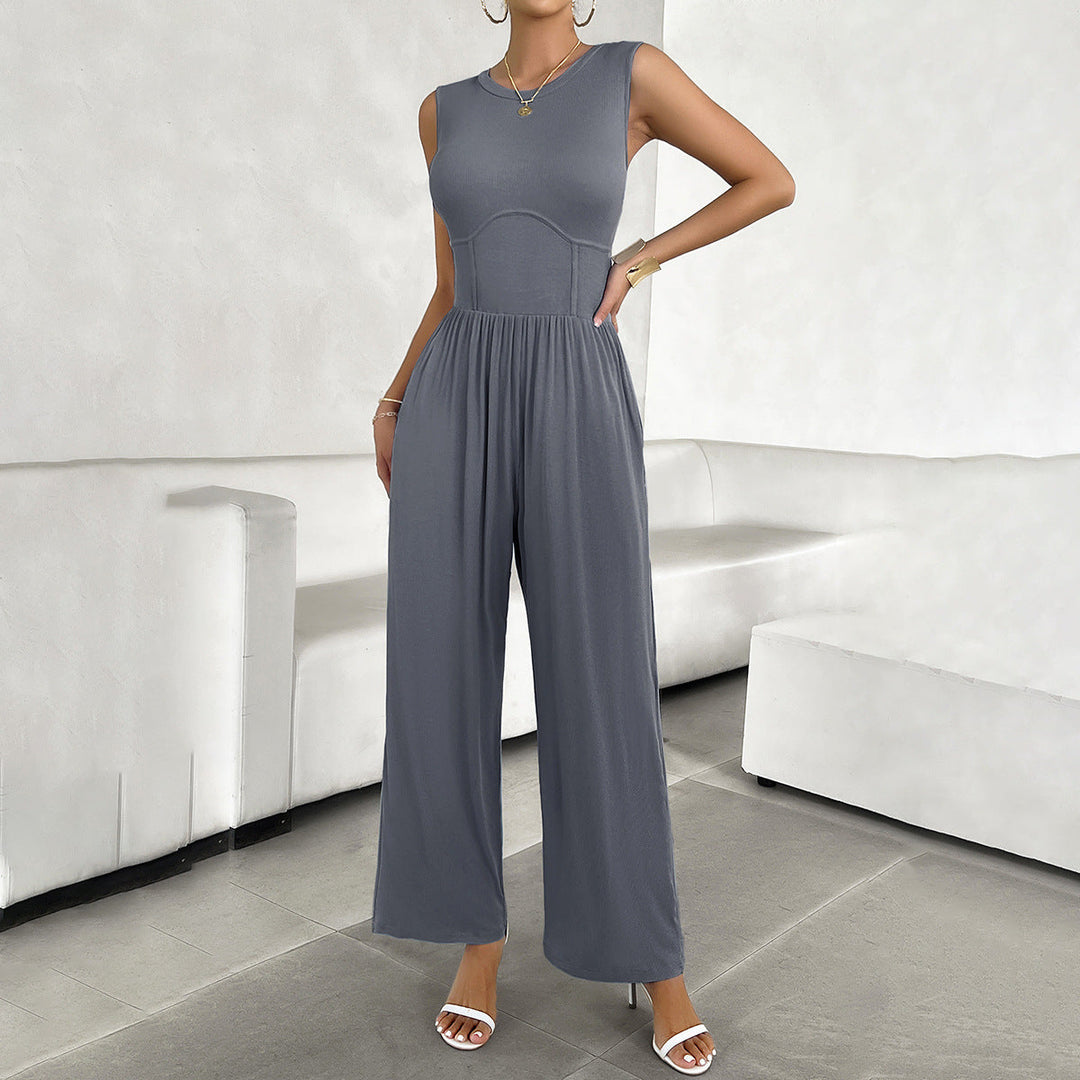 Mörkgrå jumpsuit med rund hals och vida ben för damer