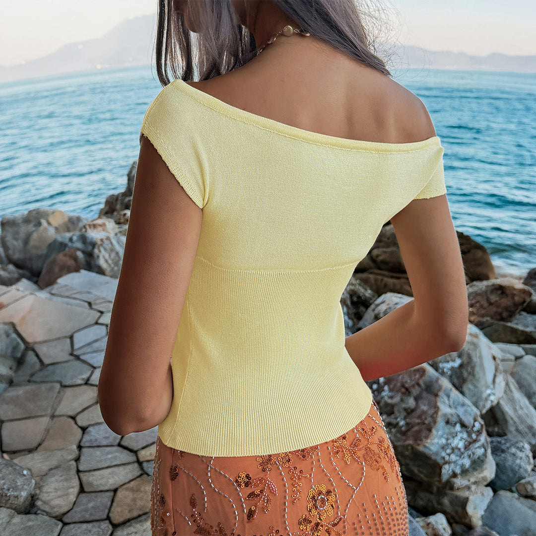 Gul off-shoulder top för dam med figurnära passform och stilren design för sommar