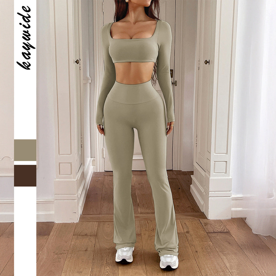 Damkläder sportigt tvådelat set i beige med långärmad topp och leggings