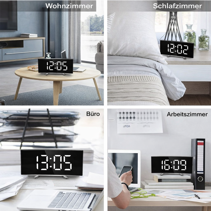 Fyra miljöbilder som visar klockan i vardagsrum, sovrum och kontor