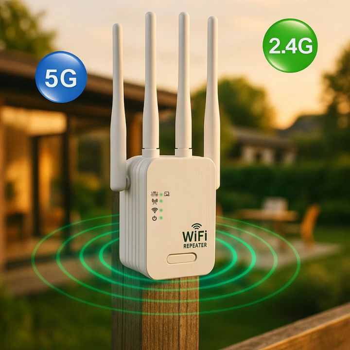 Vit långdistans utomhus WiFi förstärkare monterad på trästolpe i trädgård