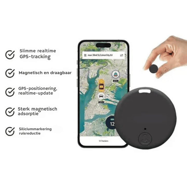 Mini GPS-spårare som visas tillsammans med appfunktioner och en hand som håller enheten