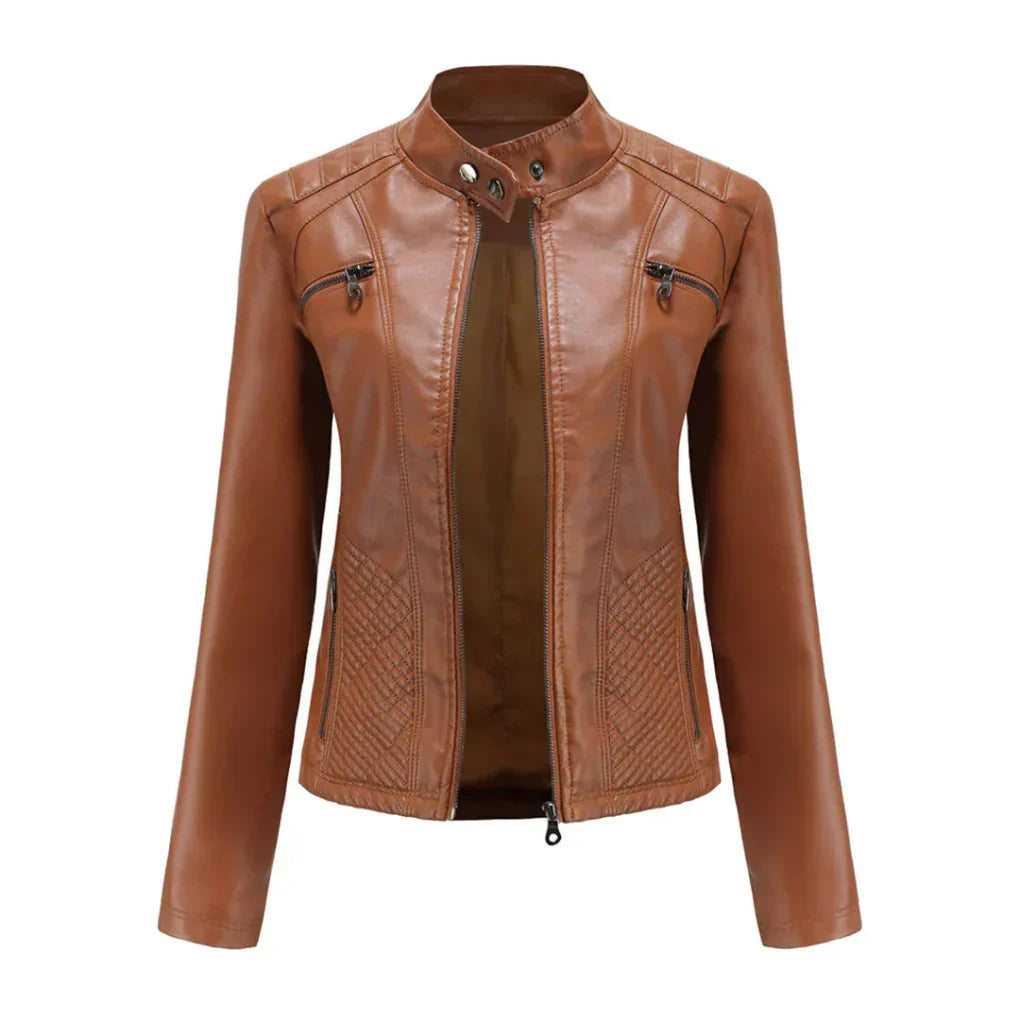 Brun damjacka i bikerstil