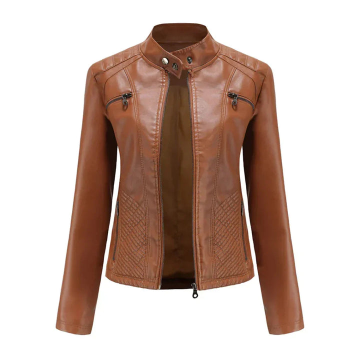 Brun damjacka i bikerstil