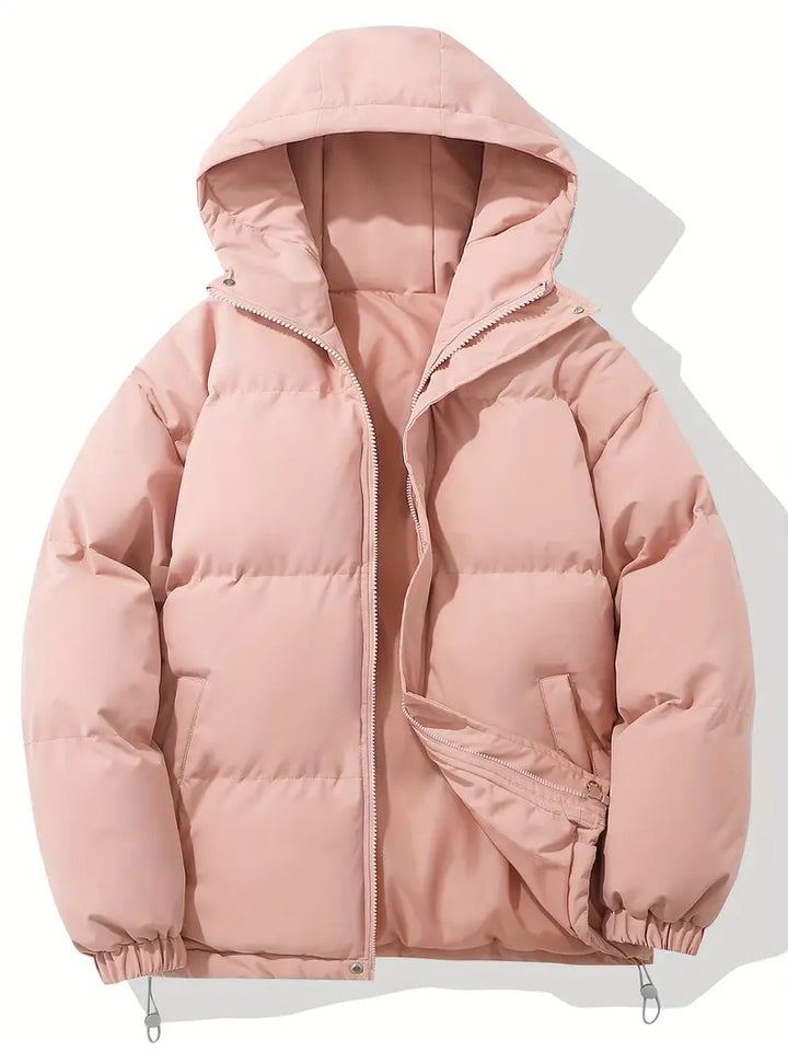 Rosa dam pufferjacka med huva och hög krage