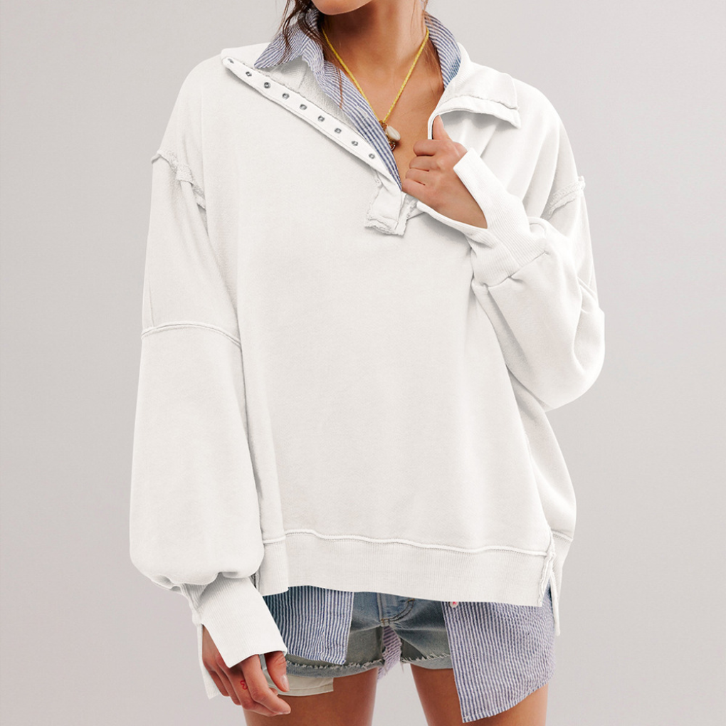 Vit oversized henley tröja med knäppning för dam