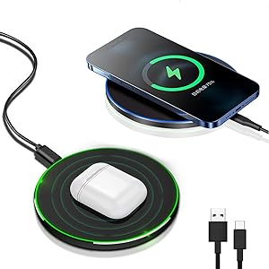 Trådlösa laddningsplattor i svart och silver med tillhörande USB-C kablar