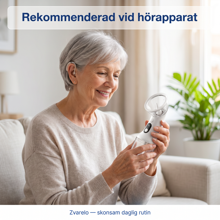 Äldre kvinna som tittar på Zvarelo öronrengörare med hörapparat